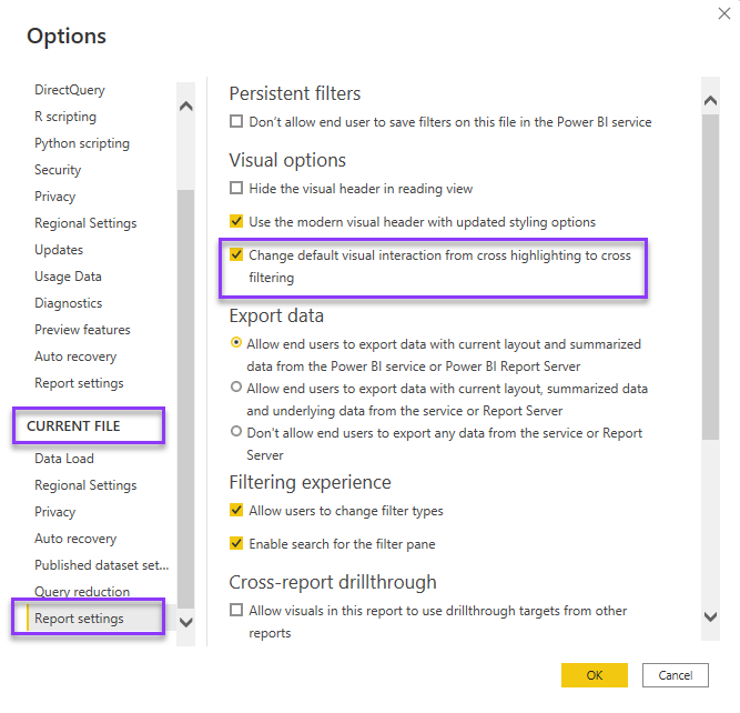 Configure whether a selection filters or highlights another visual.