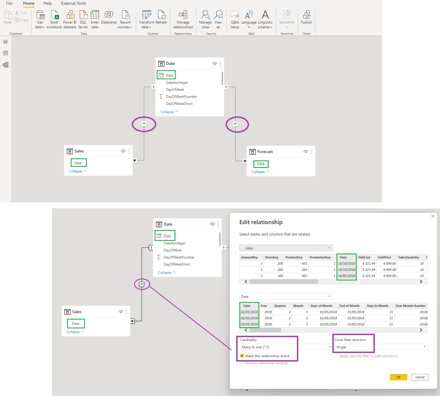 A shared date dimension connected to the reporting model.