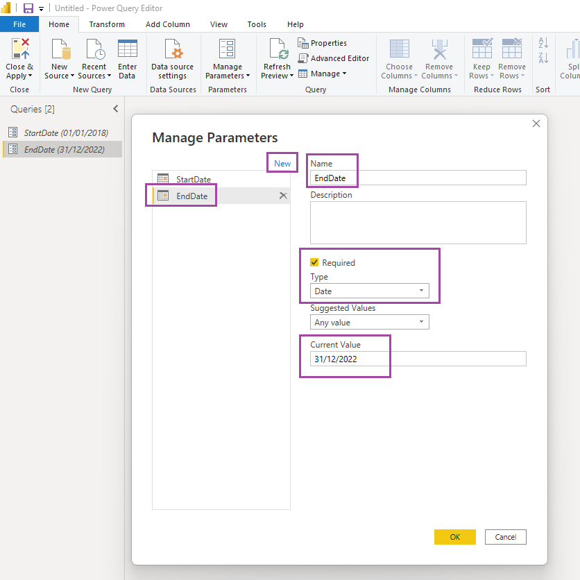 Set the calendar range parameters.
