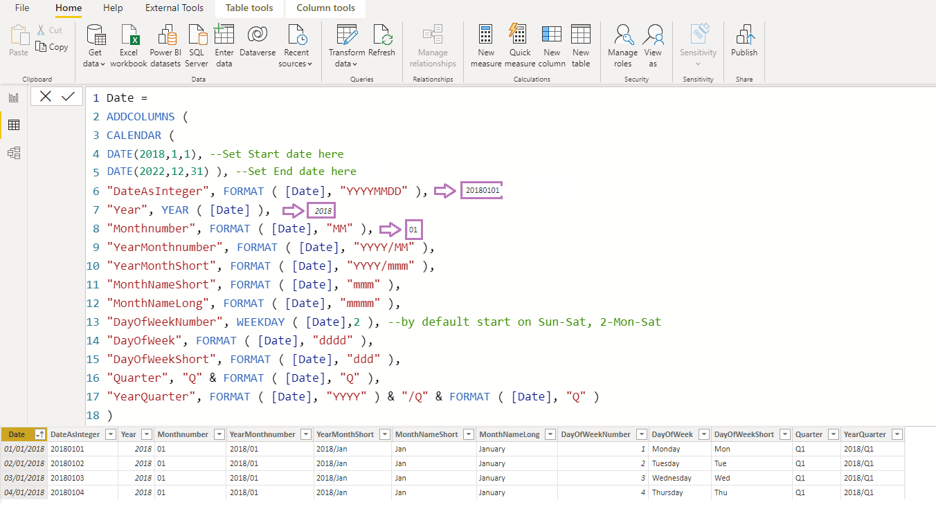 Add calendar attributes with ADDCOLUMNS.