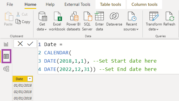 The original CALENDAR example with fixed start and end dates.